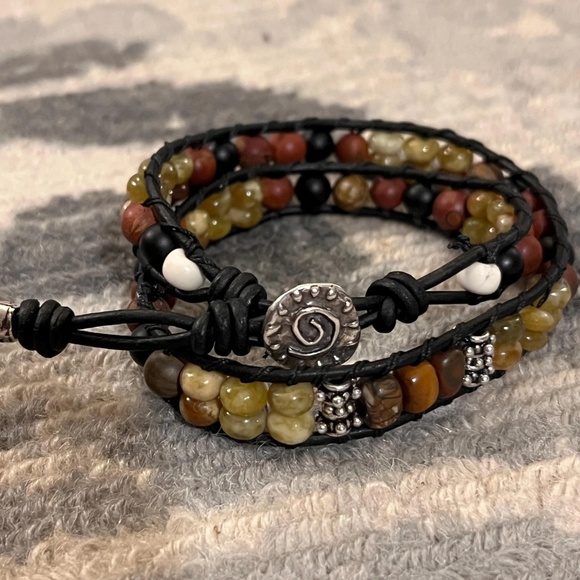 Double Wrap Leather Bracelet - Jasper, Jade, Onyx, Artisan Button Clasp -UNISEX - Picture 8 of 10